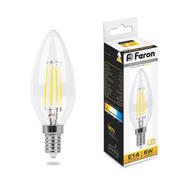 Лампа светодиодная филамент FERON LB-58, C35 (свеча), 5W 230V E14 2700К (белый теплый)